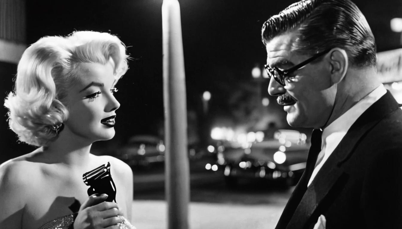 a poster shot from a vintage film still of Marilyn Monroe with makeup looking at Clark Gable with glasses and clean shaving outside a hollywood matinee at night, film poster