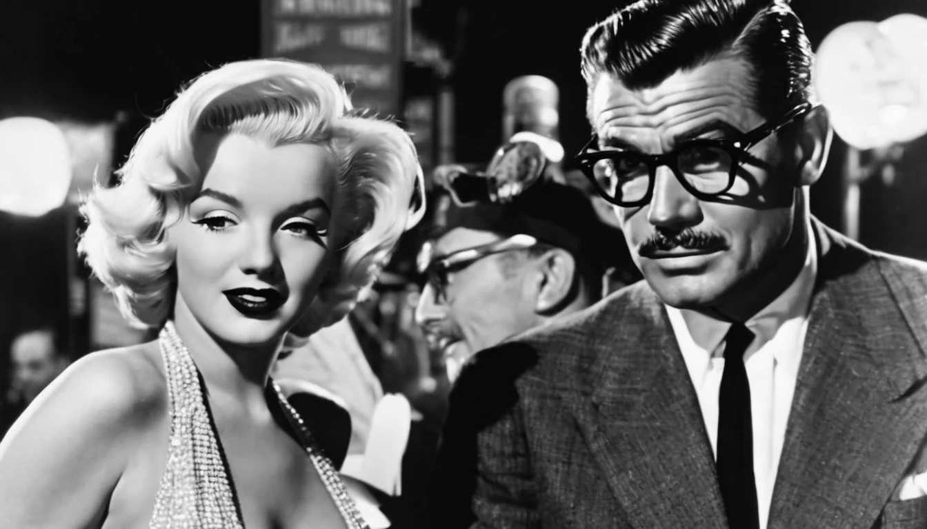 a poster shot from a vintage film still of Marilyn Monroe with makeup looking at Clark Gable with glasses and clean shaving outside a hollywood matinee at night, film poster