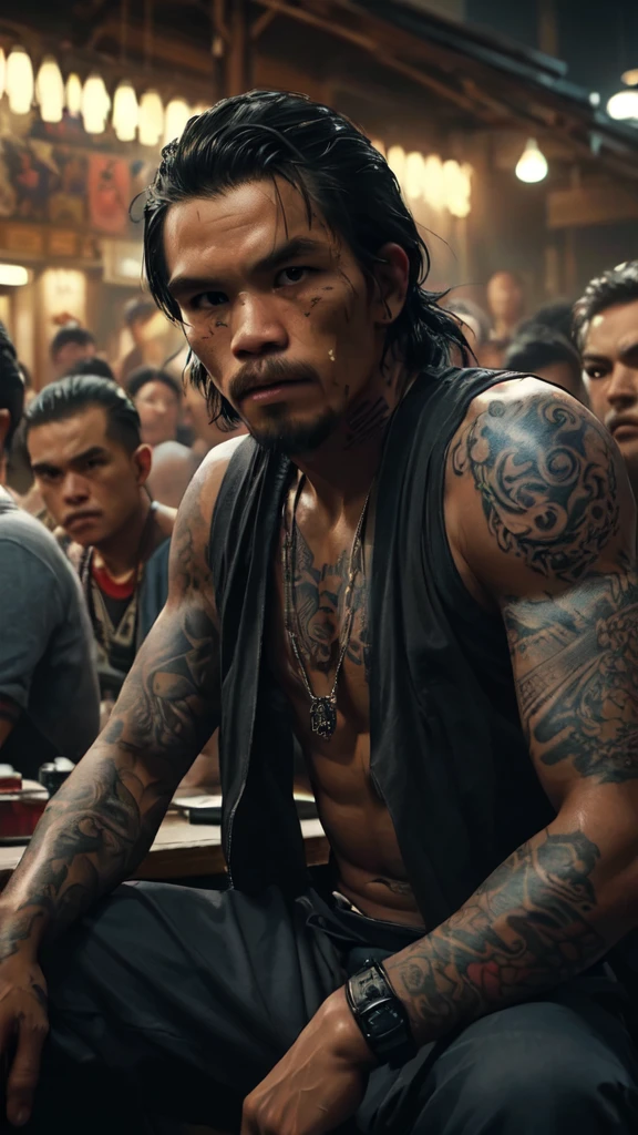 there is a man sitting in a crowded room with tattoos on his arms, film still of manny pacquiao, style of ade santora, joe taslim, 8 k movie still, arms covered in gang tattoo, scene from live action movie, portrait shot, movie promotional image, movie still 8 k, action scene from the film, inspired by Rudy Siswanto