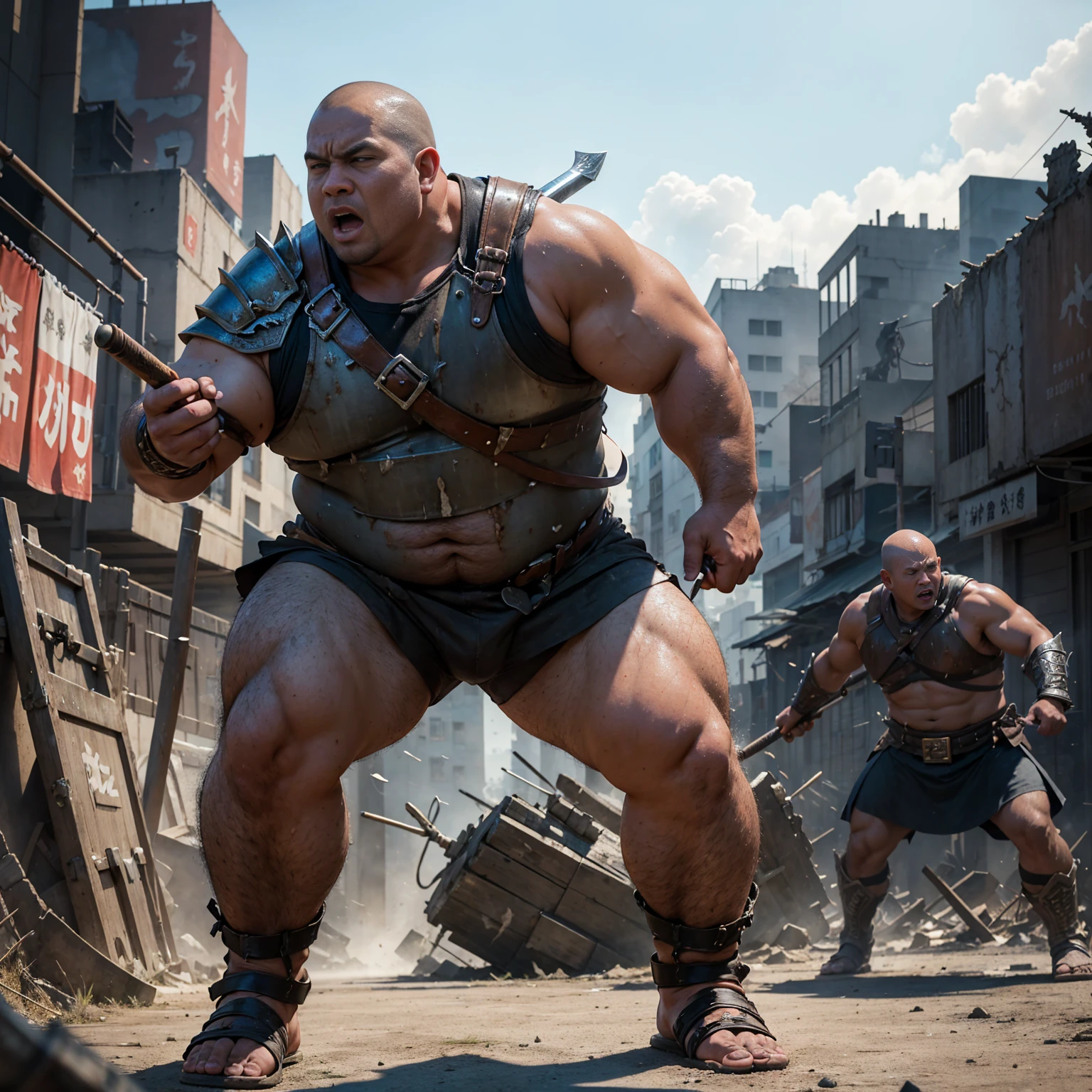 looking at us, Staring Intently, face focus, Bandit, Fat ferocious barbarian:2, This barbarian is a robust stocky Japanese, smirking, lets out a yell, mid combat, intense battle scene, leather and iron armor, armored short skirt, holding a Viking War Axes, legs exposed from thighs to feet, fierce warriors, ancient battlefields, epic showdown, battleground background, breathtaking action, masterpiece, volumetric lighting, Dramatic, Uighur the Warden, breathtaking action, dynamic poses, bald, ((ultra sharp)), ((masterpiece)), ((best quality)), ((ultra detailed)), ((intricate details)), Inguinal region detailed, Dilapidated, destroyed city after big air raids, fire, A desolate, post-apocalyptic cityscape, A brutal scene, casting an ominous shadow, He is ejaculating semen,