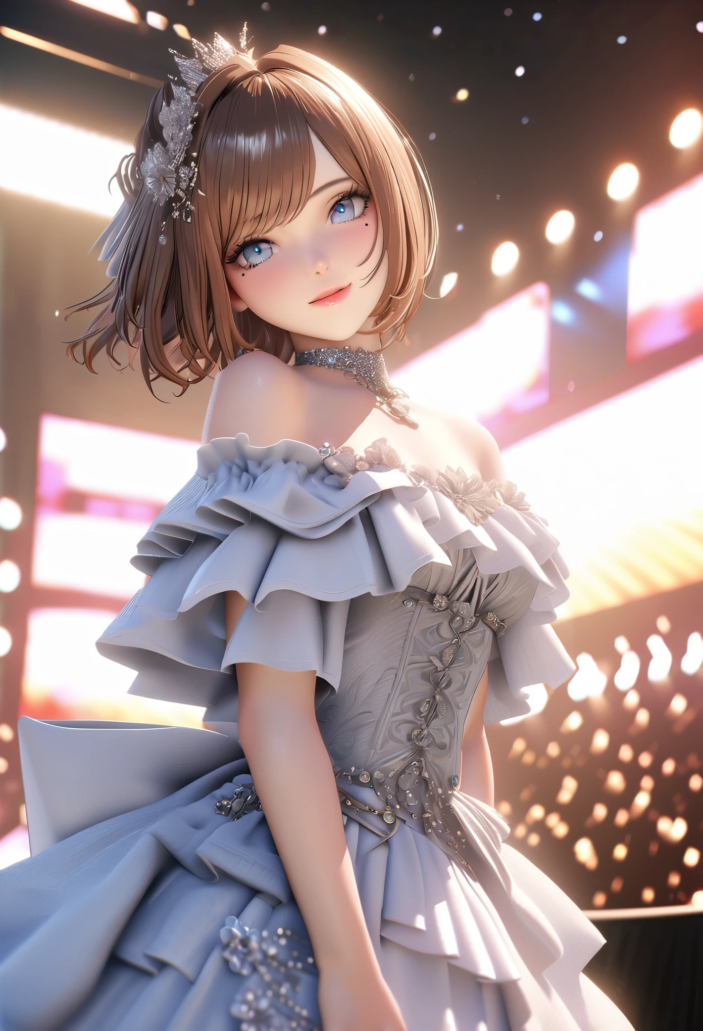 One girl, looking at the audience,
beautiful blue eyes, brown short hair, mole under eye, plump glossy lips, heart shaped choker, idol, smiling, . . . . 3D, realistic,
princess dress with too many frills, draped clothes, jewels, embellishments stripped away, floral patterns, lace trim, bright stage,
masterpiece, best quality, 8k, detailed skin texture, detailed fabric texture, beautifully detailed face, intricate details, highly detailed,
ultra high resolution, 8K Ultra HD, film grain, best shadows, delicate, looking at the audience, front