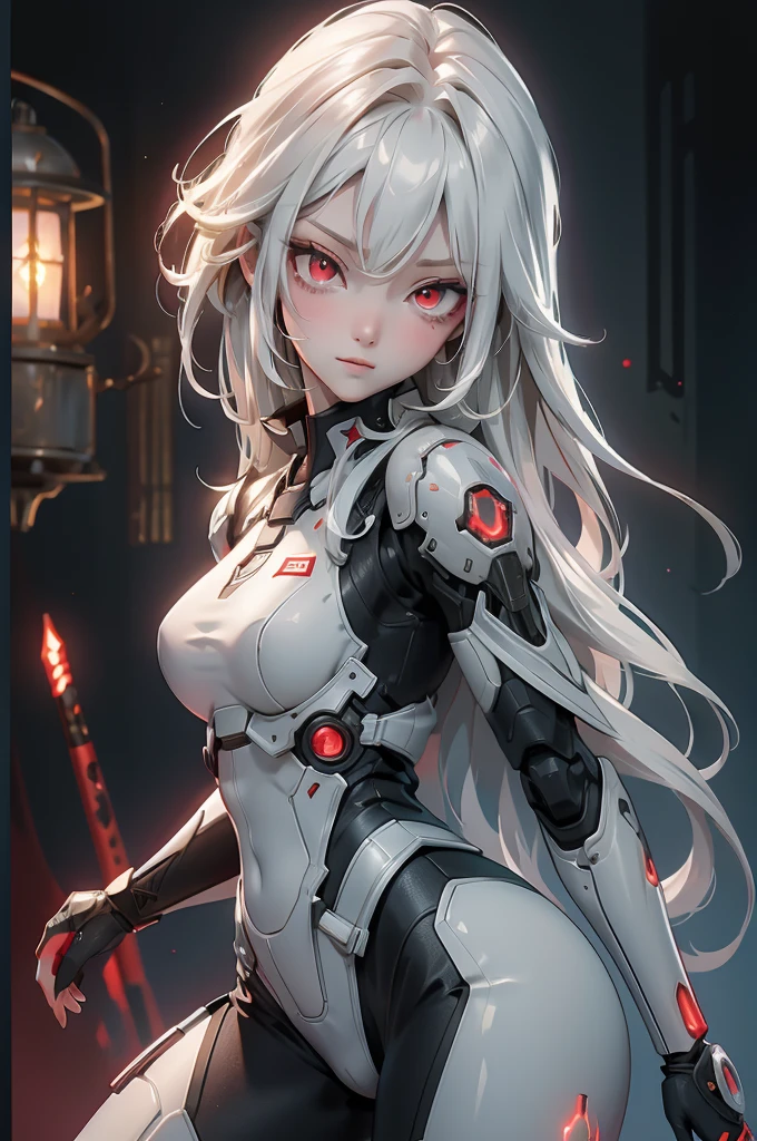 ((Cyberpunk women images))，arms behind head,(masterpiece:1.4, highest quality, Dutch Angle)(One Girl, alone)（Gray hair that changes with light、Smooth and straight hair、WHITE hair fluttering in the wind）、（beautiful, Glowing Skin、Cheek Gloss Highlighter、Sexy and very beautiful and adorable face、世界で最もbeautiful顔、big, Glowing red eyes）、（Cute 25 year old girl、Ample breasts、Tight waist、Delicate shoulders、Perfect figure）（Overall dark、A ruined futuristic city、The world at the end of the century、Traces of war、cave、Remains）(Futuristic combat suit、White combat armor、Highly decorated combat uniform)（Shooting from close range、Pictures of female faces）
