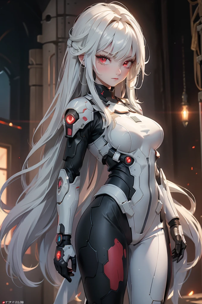 ((Cyberpunk women images)),arms behind head,(masterpiece:1.4, highest quality, Dutch Angle)(One Girl, alone)(Gray hair that changes with light、Smooth and straight hair、WHITE hair fluttering in the wind)、(beautiful, Glowing Skin、Cheek Gloss Highlighter、Sexy and very beautiful and adorable face、世界で最もbeautiful顔、big, Glowing red eyes)、(Cute 25 year old girl、Ample breasts、Tight waist、Delicate shoulders、Perfect figure)(Overall dark、A ruined futuristic city、The world at the end of the century、Traces of war、cave、Remains)(Futuristic combat suit、White combat armor、Highly decorated combat uniform)(Shooting from close range、Pictures of female faces)