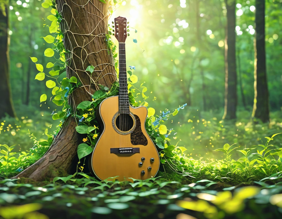 Generate a 4K image of a giant guitar whose body is made from a living tree trunk and branches, with leaves growing along the neck and strings. The guitar is standing in a forest clearing, with vines and flowers entwined around it. Use a mid-shot angle to capture the guitar and part of the surrounding forest. The lighting should be natural daylight, creating a serene and harmonious atmosphere. Ensure the image is highly detailed, in sharp focus, and of very high quality with no blur