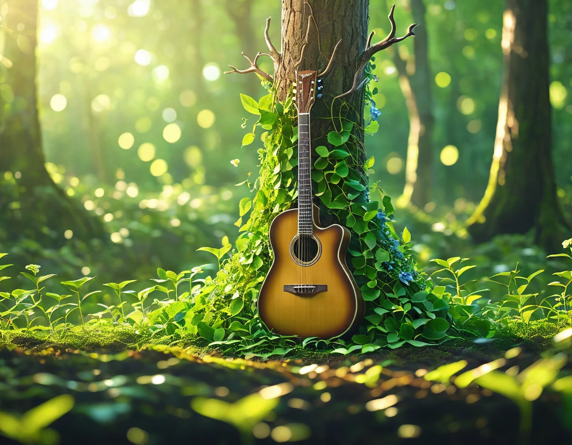 Generate a 4K image of a giant guitar whose body is made from a living tree trunk and branches, with leaves growing along the neck and strings. The guitar is standing in a forest clearing, with vines and flowers entwined around it. Use a mid-shot angle to capture the guitar and part of the surrounding forest. The lighting should be natural daylight, creating a serene and harmonious atmosphere. Ensure the image is highly detailed, in sharp focus, and of very high quality with no blur