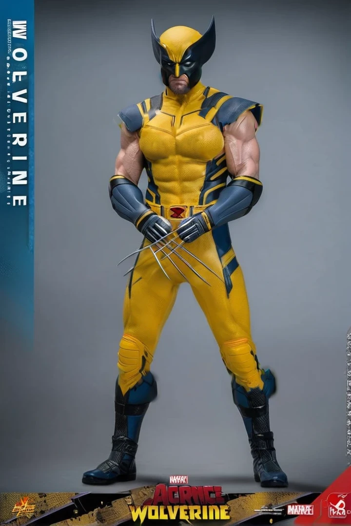close-up of a wolverine statue on a gray background, Wolverine's Action Pose, Hot toys, Like a figurine, wolverine ate, collectibles, Hot toys, Keanu Reeves as Wolverine, Henry Cavill as Wolverine, very detailed and realistic, X-Force full body suit, as figurines, X-Man Yellow Costume, very detailed full body body
