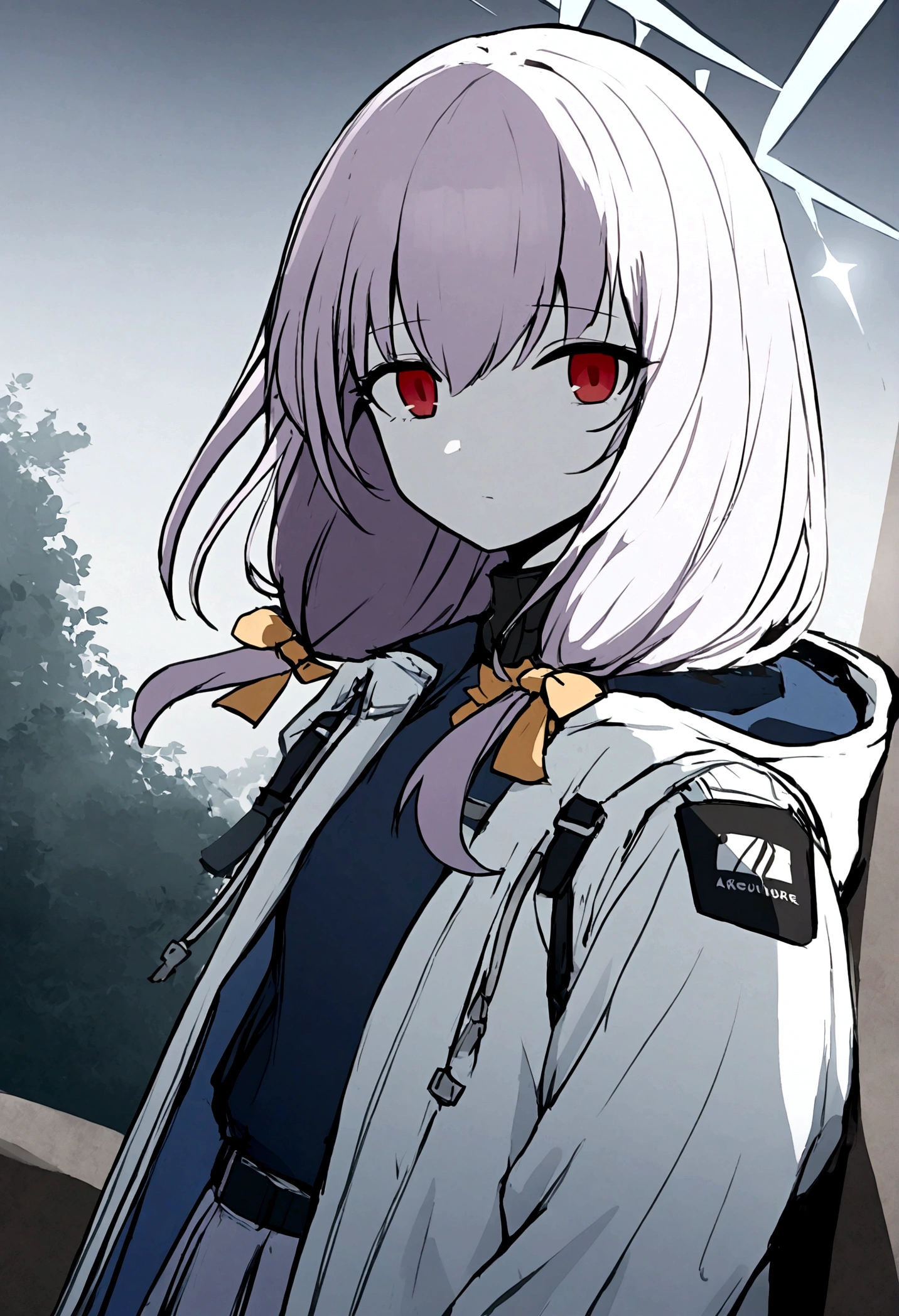 1girl, atsuko (blue archive), (4-pointed star halo), light lavender hair, white hooded jacket, red eyes without highlight, (white and lavender colored roses), pale face, atsukodef, atsukornd, atsukounder,