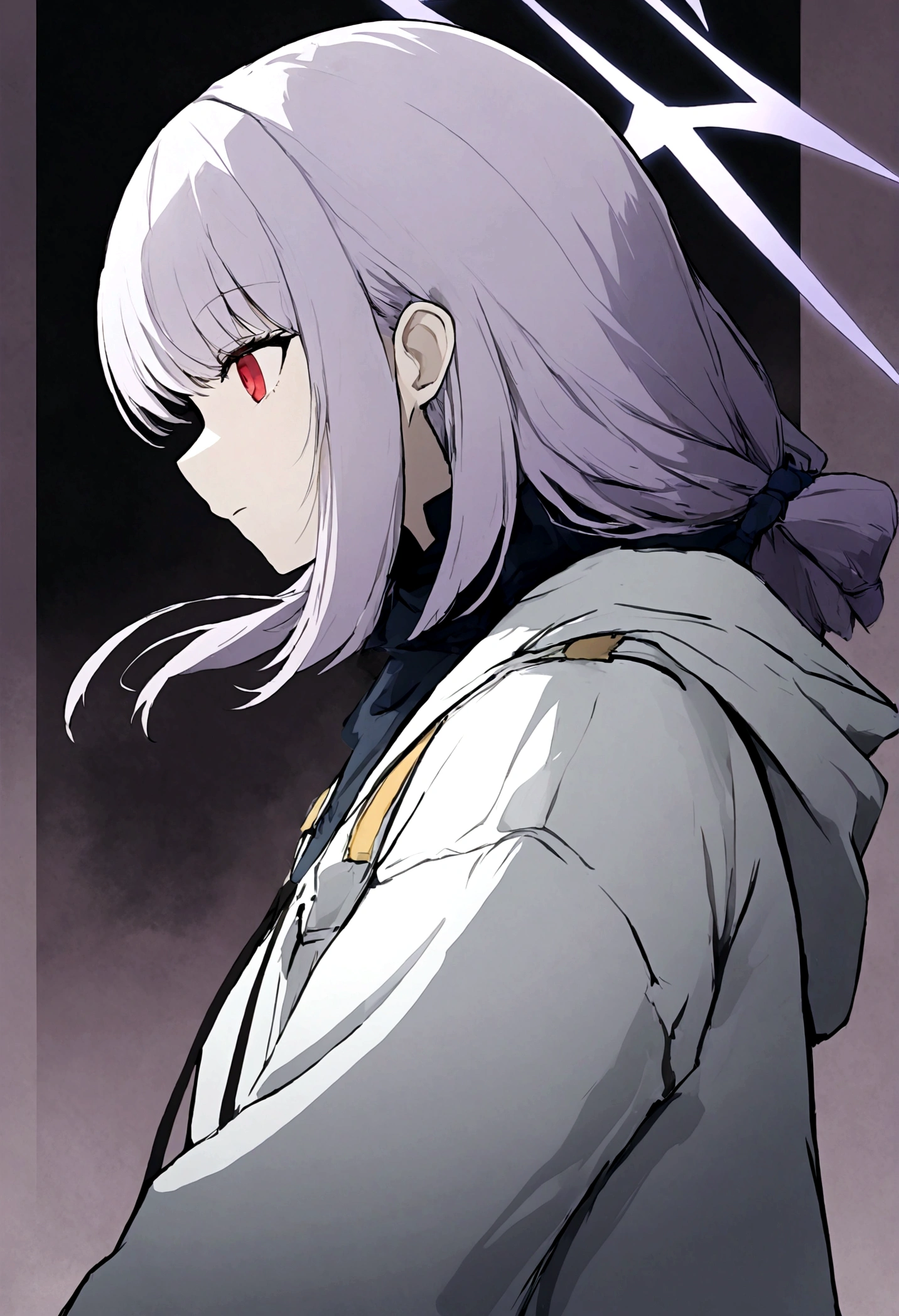 1girl, atsuko (blue archive), (4-pointed star halo), light lavender hair, white hooded jacket, red eyes without highlight, (white and lavender colored roses), pale face, atsukodef, atsukornd, atsukounder,