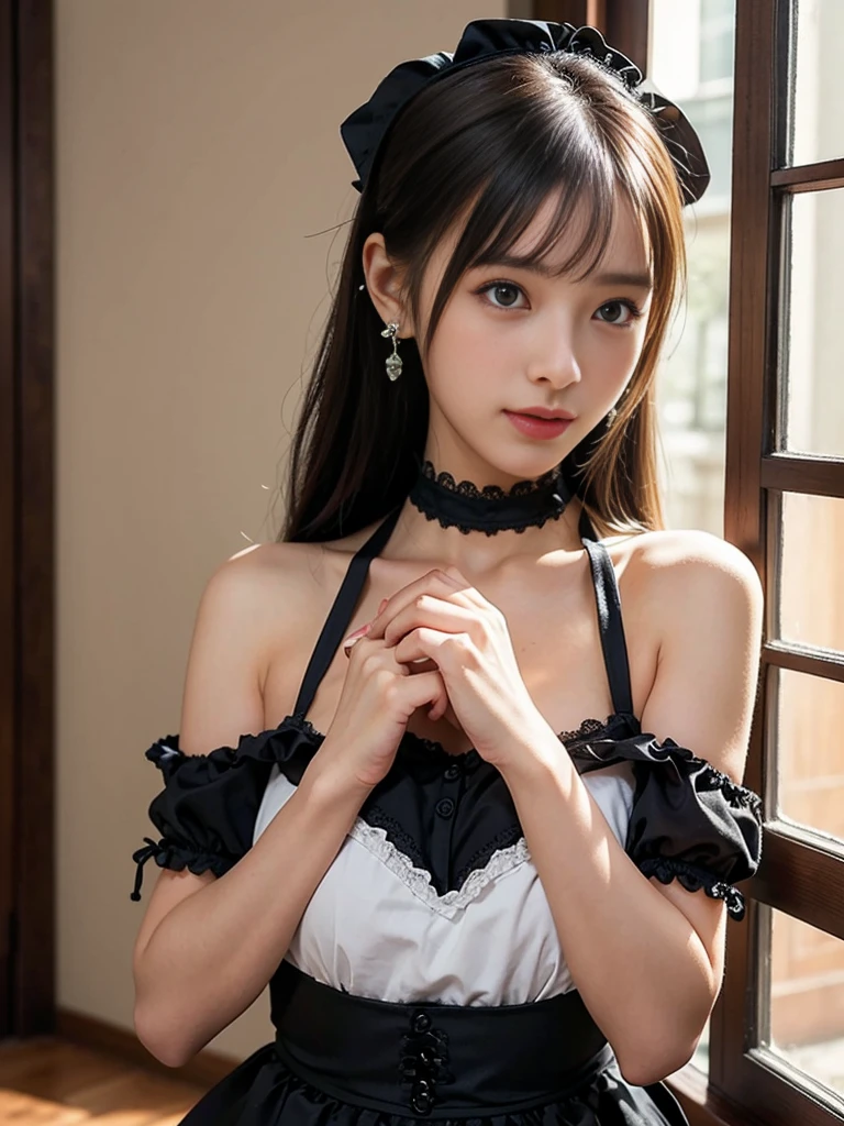 Wearing the cutest gothic maid in the world,Z Cup Big,Sculpture model attracts, (1girl in:1.3)、photos realistic、Photorealsitic:1.4 Official art、ultra-detailliert、Beautiful and aesthetic、Beautiful fece、masterpiece、top-quality、Standing by the window、Poses that sexually provoke men、Inviting eyes、an ecstatic look on one's face、the buttocks are small、Colossal 、Chest exposed、(barechested)、The cutest maid choker in the world、The cutest gloves in the world、The most beautiful skin in the world、The cutest earrings in the world、The cutest sleeping face in the world、The cutest gravure idol pose in the world、The most attractive body in the world、The whole body is shown、Old Western-style building