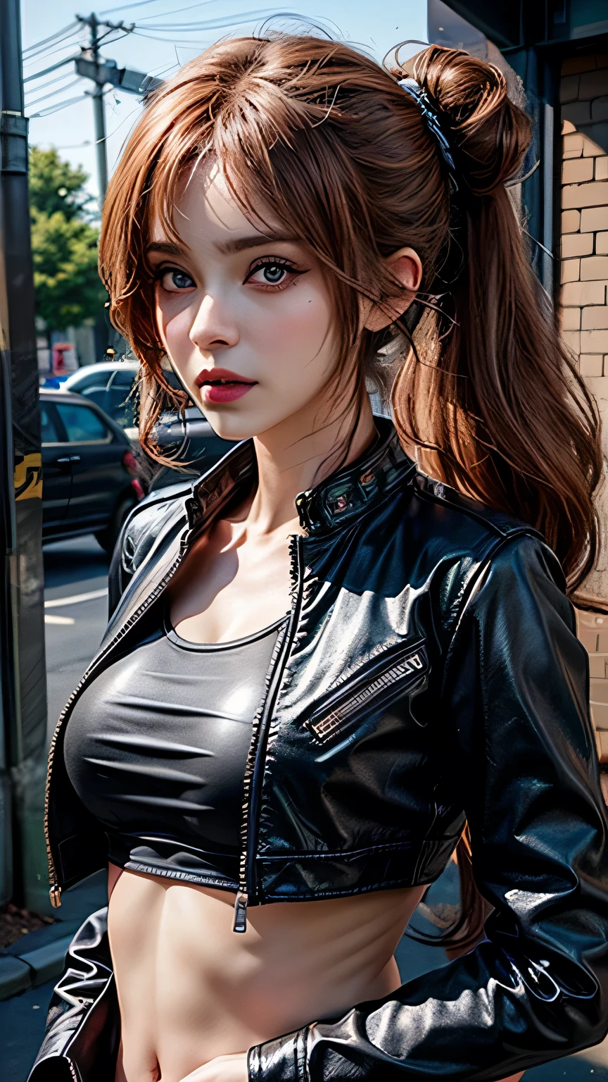 An ultra-realistic CG illustration of an jess nigri woman with a piercing gaze and bold makeup. She's wearing a leather jacket with a crop top, and her long ginger hair is styled in a sleek updo.