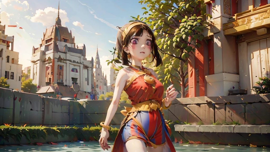 anime girl in a brown dress and a crown standing in front of a castle, artwork in the style of guweiz, anime thai girl, guweiz, artgerm and atey ghailan, guweiz on artstation pixiv, guweiz on pixiv artstation, 2. 5 d cgi anime fantasy artwork, guweiz masterpiece, Pomni in thai dress and The background is a Thai temple, Red and blue shirt, Pomni face, Thaidress