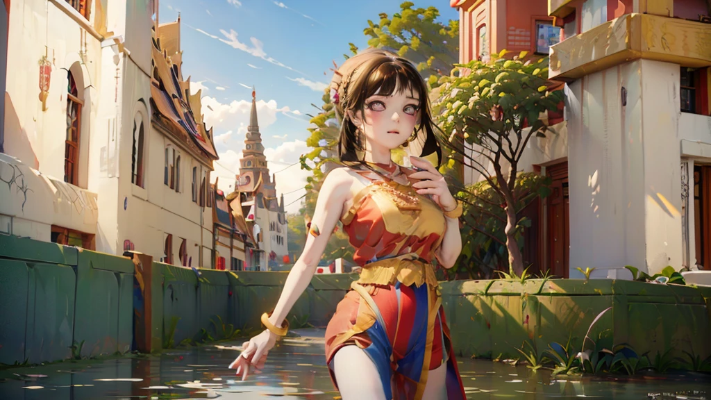 anime girl in a brown dress and a crown standing in front of a castle, artwork in the style of guweiz, anime thai girl, guweiz, artgerm and atey ghailan, guweiz on artstation pixiv, guweiz on pixiv artstation, 2. 5 d cgi anime fantasy artwork, guweiz masterpiece, Pomni in thai dress and The background is a Thai temple, Red and blue shirt, Pomni face, Thaidress