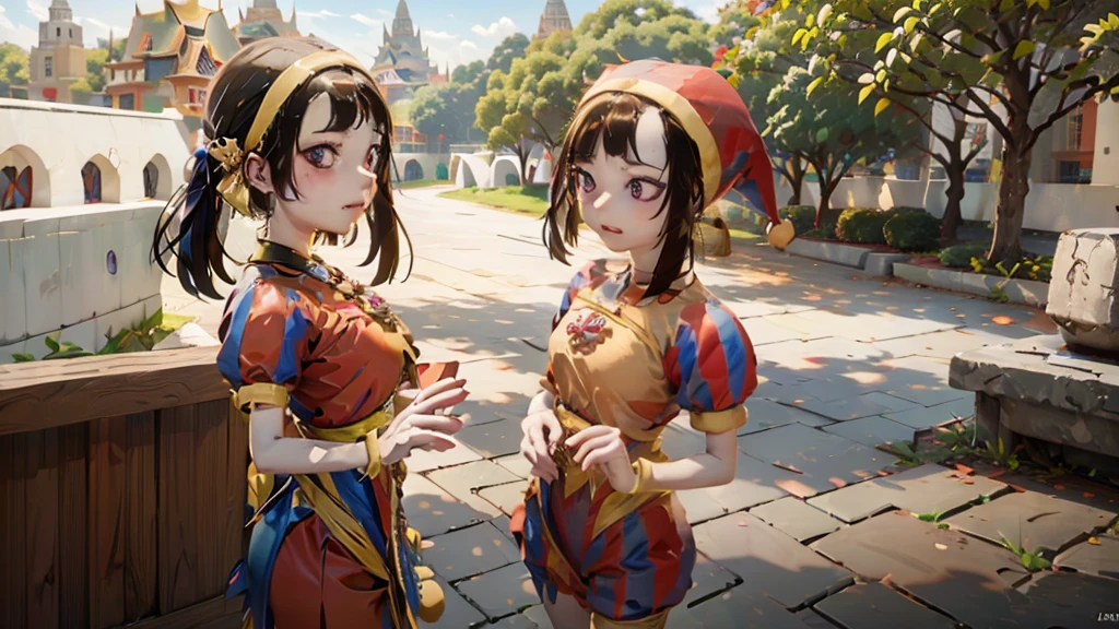 anime girl in a brown dress and a crown standing in front of a castle, artwork in the style of guweiz, anime thai girl, guweiz, artgerm and atey ghailan, guweiz on artstation pixiv, guweiz on pixiv artstation, 2. 5 d cgi anime fantasy artwork, guweiz masterpiece, Pomni in thai dress and The background is a Thai temple, Red and blue shirt, Pomni face, Thaidress