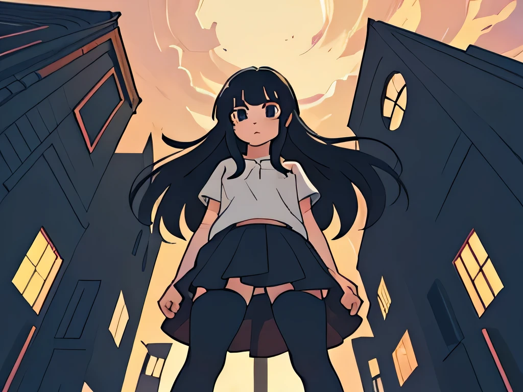 perfect anime illustration, view from below, girl having long black hair with bangs, looking down, standing tall