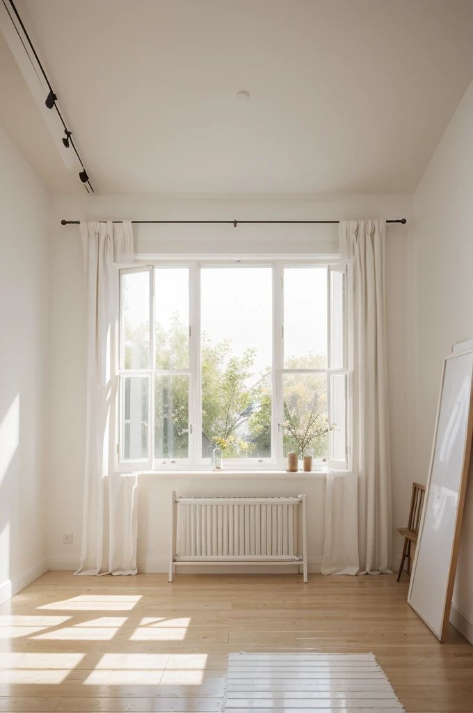 a large bright atelier with big window, white decor, curtain, detailed interior, natural lighting, minimalist, clean, elegant, airy, spacious, soft lighting, cozy, warm atmosphere, artistic supplies, easel, canvas, paintbrushes, palette, high quality, photorealistic, cinematic, beautiful, serene