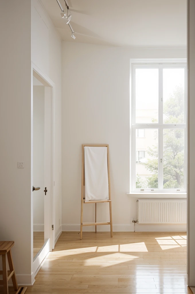 a large bright atelier with big window, white decor, curtain, detailed interior, natural lighting, minimalist, clean, elegant, airy, spacious, soft lighting, cozy, warm atmosphere, artistic supplies, easel, canvas, paintbrushes, palette, high quality, photorealistic, cinematic, beautiful, serene