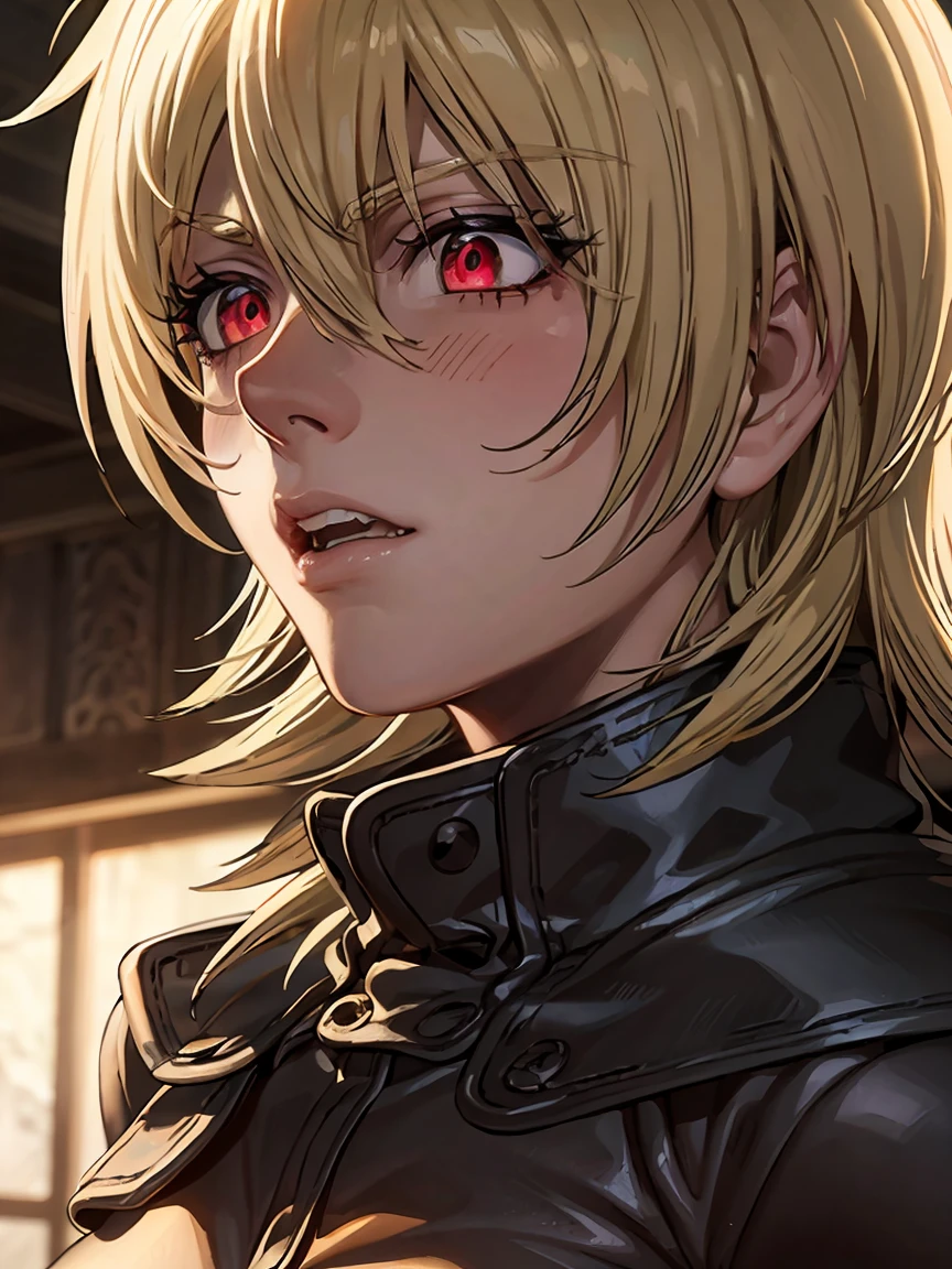 Seras Victoria,detailed face,vampire,handsome face,vampire fangs,red eyes,intense stare,smooth skin,pale complexion,flowing hair,perfectly arched eyebrows,sculpted cheekbones,masterpiece:1.2,ultra-detailed,photorealistic,vivid colors,dark and moody lighting"