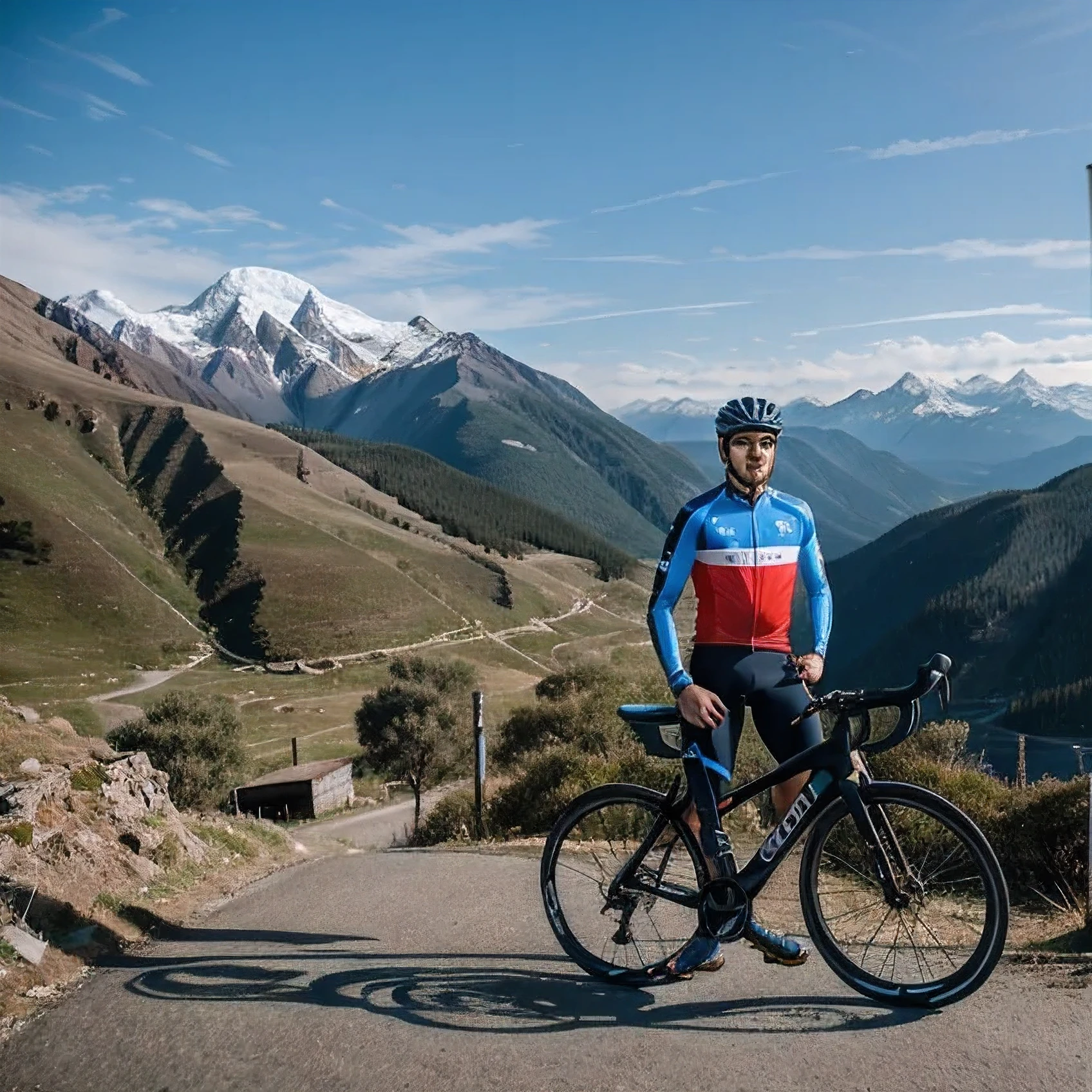 A stunning photo of a fit and courageous male cyclist, clad in a 'SKG' emblazoned jersey, standing by the side of a picturesque mountain road. The cyclist's smile exudes warmth and confidence as he admires the rugged landscape, composed of snow-capped peaks and verdant valleys. His stylish touring bike, with its sleek design and robust tires, is a testament to his passion for the sport. The serene, invigorating atmosphere of the scene captures the essence of a thrilling mountain cycling adventure.