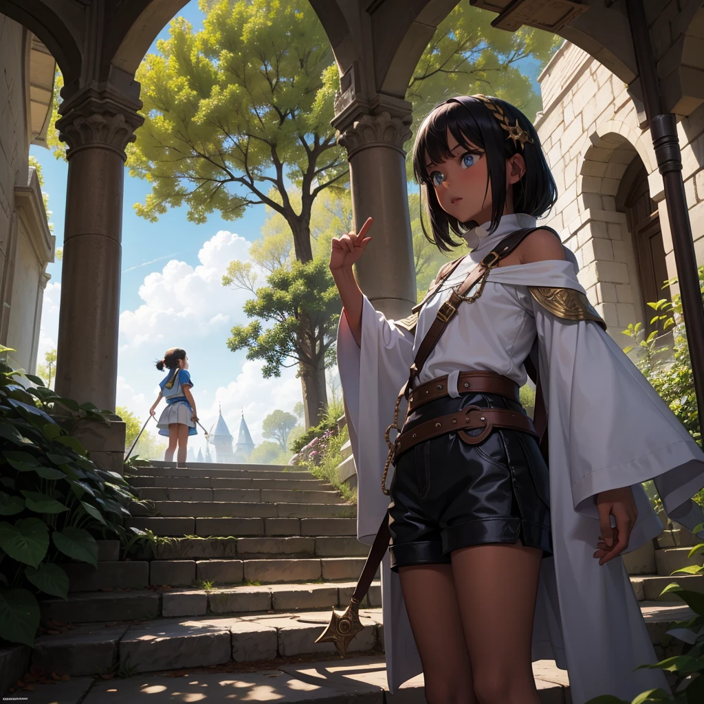 最high quality、high quality、Frugal cloth clothes、10Year-old girl adventurer、Climb the labyrinth stairs、Shorts、Equipped with a dagger and a shield、Inside the dim labyrinth