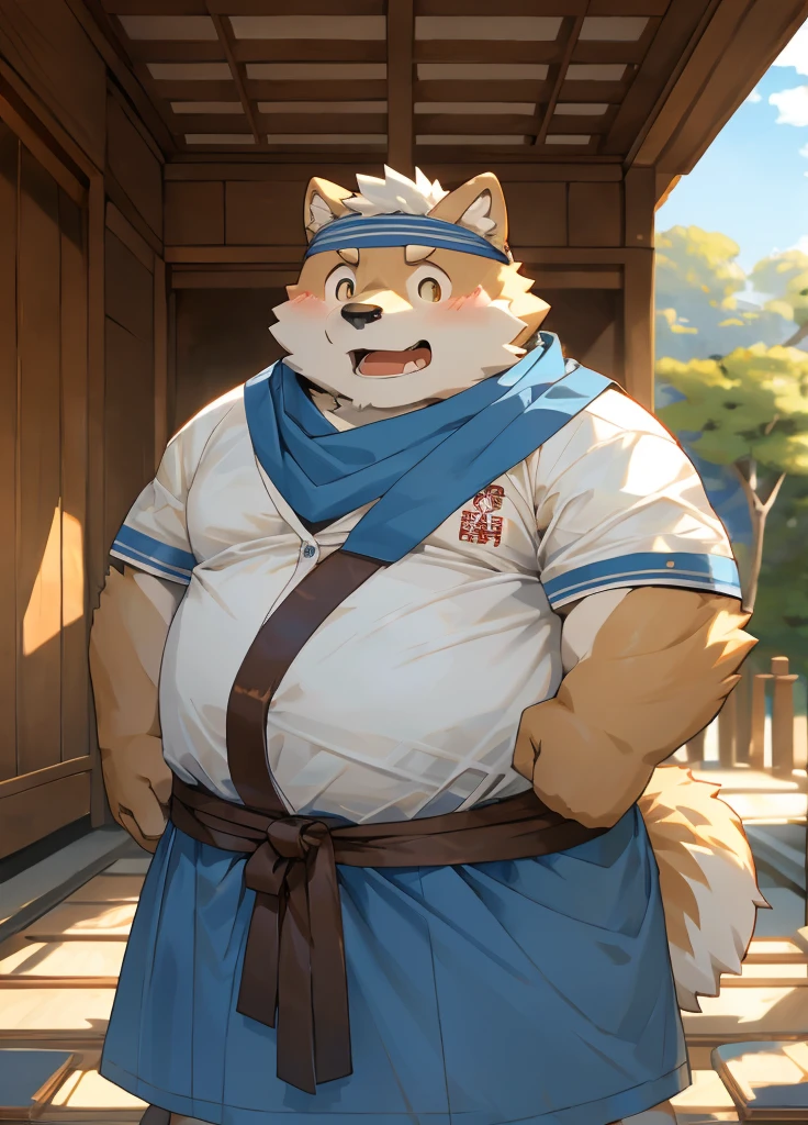 (masterpiece),(Very detailed),(best quality),hairy,Shiba Inu,fur,white hair,Gray pupil,Chubby,(poor),(Japan samurai attire),((blue scarf)),((Brown headband)),(blush:1.1),((shy)),紧张shy的表情,Temple Background,8K,(high quality),(Ultra high quality),(Super detailed),(Best Works)