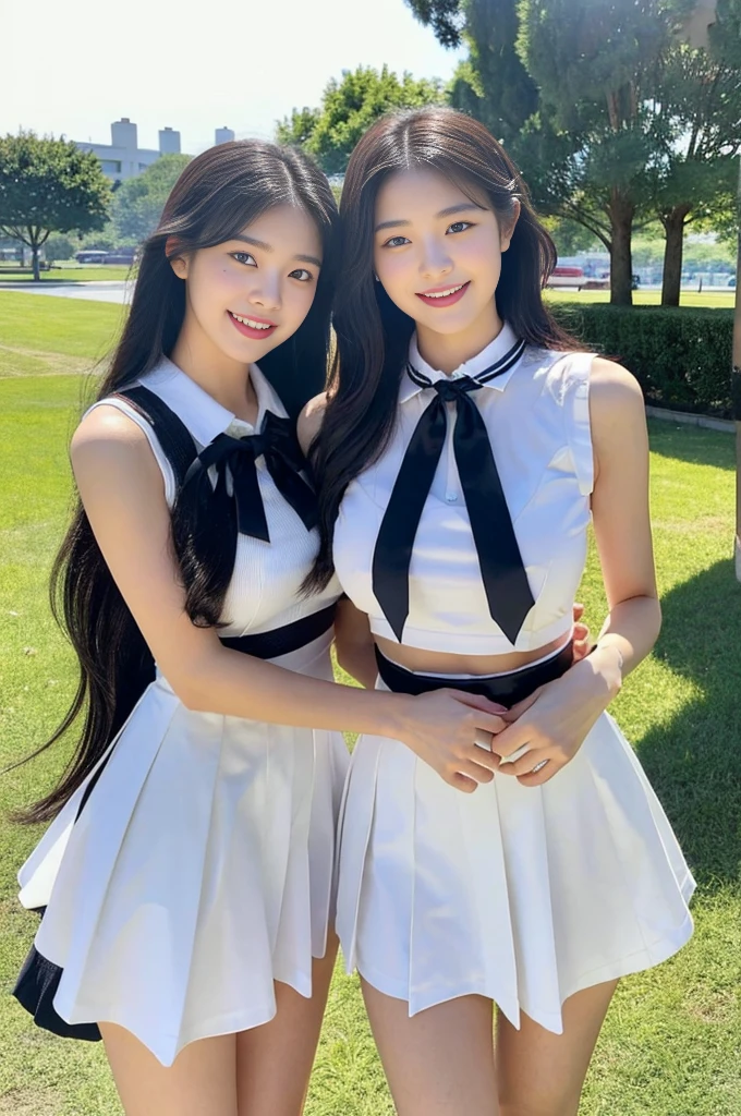 (A super cute Korean high school girl takes a photo with her classmates 1.2)(grin,Smile)(Beautiful Sweat:1.1)(16k, RAW Photos, highest quality, masterpiece: 1.2),(Shiny black hair) Super detailed, Super Resolution, (Genuine, Genuine photos: 1.37), Portraiture, High-resolution RAW color photos, Professional photos, Very detailed, 8k wallpaper, Very detailed CG Unity 8k wallpaper, Very detailed beautiful girls, Very detailed faces, ((whole body)), beautiful woman, Huge breasts,(huge boobs:1.1) (Big Boobs:1.1), Beauty college student (A tight, girly, navy sleeveless  with ribbon.),high school girl, Korean Girls,(K-POP Female Idols), (Idol-class beauty)(Beautiful high school girl:1.1)(National Showa Memorial Park)(18-year-old)(Stylish school uniform-style outfit:1.1)(Group photo:1.2)