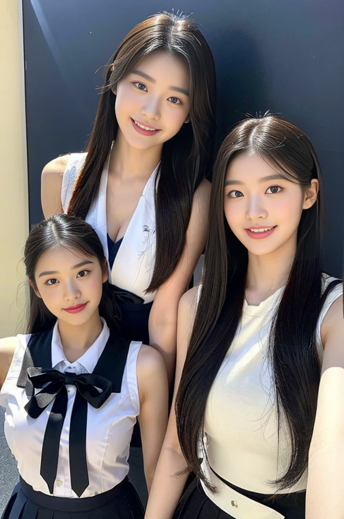 (A super cute Korean high school girl takes a photo with her classmates 1.2)(grin,Smile)(Beautiful Sweat:1.1)(16k, RAW Photos, highest quality, masterpiece: 1.2),(Shiny black hair) Super detailed, Super Resolution, (Genuine, Genuine photos: 1.37), Portraiture, High-resolution RAW color photos, Professional photos, Very detailed, 8k wallpaper, Very detailed CG Unity 8k wallpaper, Very detailed beautiful girls, Very detailed faces, ((whole body)), beautiful woman, Huge breasts,(huge boobs:1.1) (Big Boobs:1.1), Beauty college student (A tight, girly, navy sleeveless  with ribbon.),high school girl, Korean Girls,(K-POP Female Idols), (Idol-class beauty)(Beautiful high school girl:1.1)(National Showa Memorial Park)(18-year-old)(Stylish school uniform-style outfit:1.1)(Group photo:1.2)