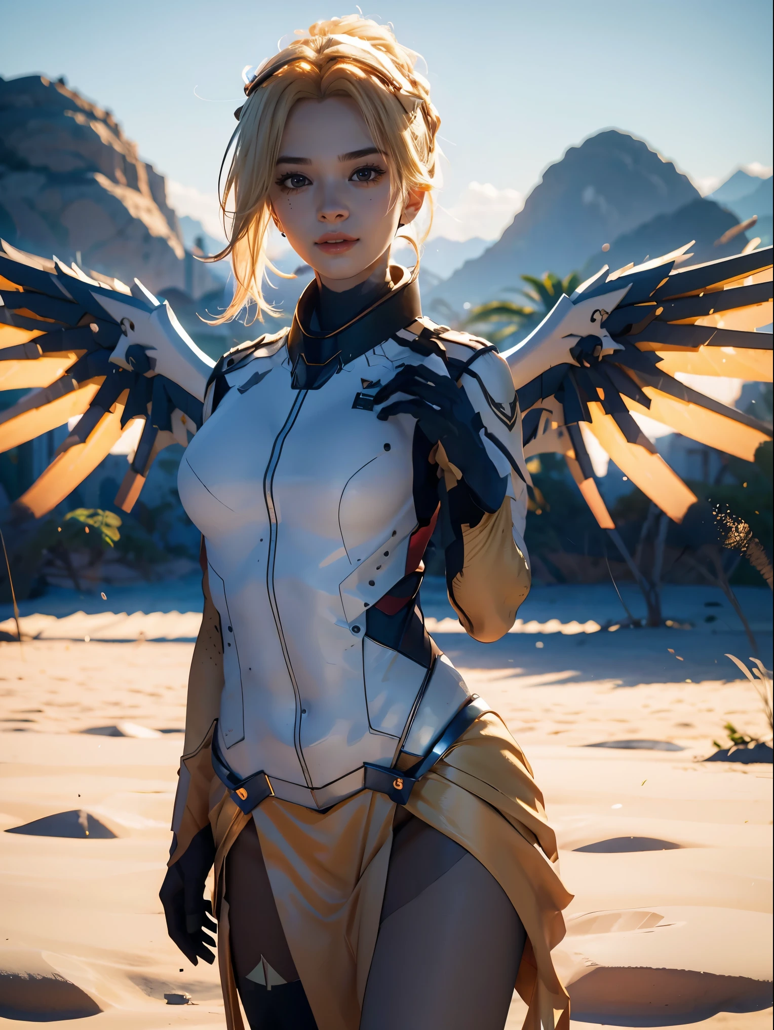 1girl, solo, mercy (overwatch), mechanical halo, breasts, blue eyes, blonde hair, pantyhose, mechanical wings, wings, halo, holding, bodysuit, yellow wings, brown pantyhose, lips, gloves, pelvic curtain, black gloves, big breast, full body, blue sky, green field with mountains, (realism:1.2), (masterpiece:1.2), (best quality), (ultra detailed), (8k, intricate), (85mm), light particles, lighting, (highly detailed:1.2), (detailed face:1.5), (gradients), sfw, colorful, (detailed eyes:1.2), (detailed background), (rule of third_composition:1.3), (Line of action:1.2), wide shot, daytlight, solo.