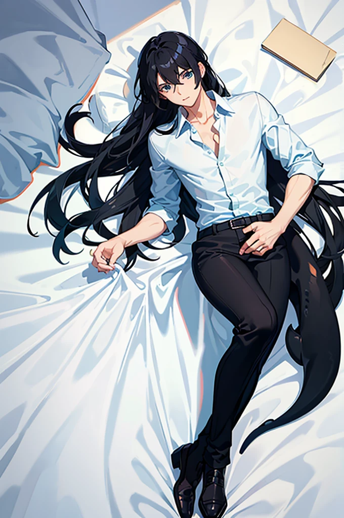 black hair, long hair, dolphin pants, dress shirt, light blue eyes, slim body, on the bed, Saxy