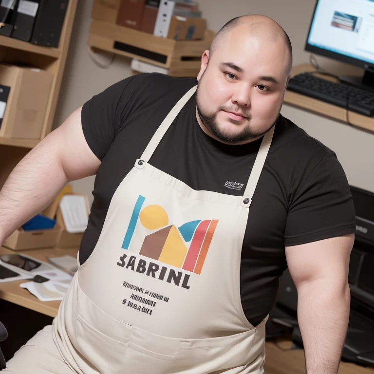 A fat man with Short hair on the back and bald front  dark brown hair, wearing a fullcolor t-shirt and a graphical Ali logo apron, working in a professional graphic designer office 