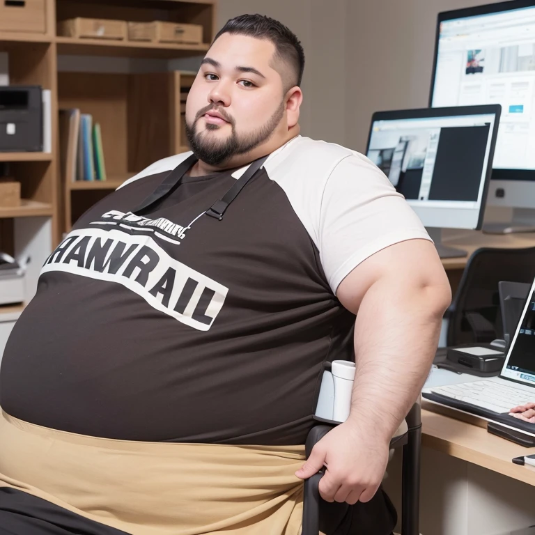 A fat man with Short hair on the back and bald front  dark brown hair, wearing a fullcolor t-shirt and a graphical Ali logo apron, working in a professional graphic designer office 