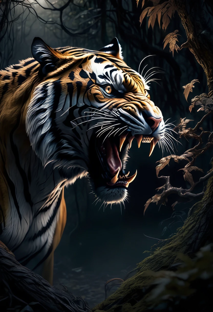 {A photorealistic image of a tiger entwined by a dragon, set in a dark and eerie forest, the scene is cinematic and dramatic, capturing the intense struggle between the two creatures, the forest background is dense and foreboding, with shadows and dim light adding to the horror atmosphere, high detail, sharp focus, wide angle, 35mm lens, 8K resolution, hyper realistic, HDR, professional lighting, dark colors}