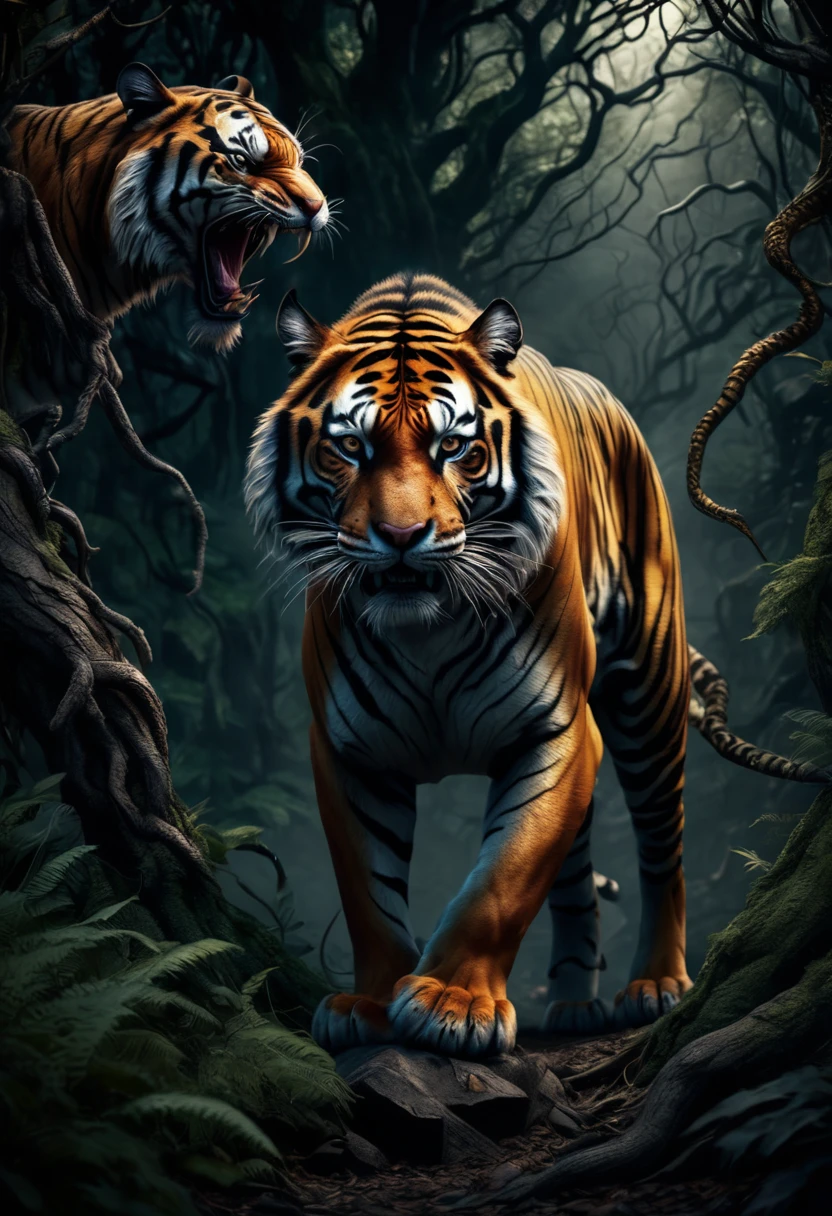 {A photorealistic image of a tiger entwined by a dragon, set in a dark and eerie forest, the scene is cinematic and dramatic, capturing the intense struggle between the two creatures, the forest background is dense and foreboding, with shadows and dim light adding to the horror atmosphere, high detail, sharp focus, wide angle, 35mm lens, 8K resolution, hyper realistic, HDR, professional lighting, dark colors}