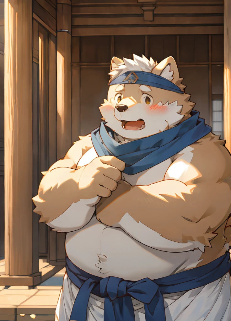 (masterpiece),(Very detailed),(best quality),hairy,Shiba Inu,fur,white hair,Gray pupil,Chubby,(Shota),(Japan samurai attire),((blue scarf)),((Brown headband)),(blush:1.1),((shy)),紧张shy的表情,Temple Background,8K,(high quality),(Ultra high quality),(Super detailed),(Best Works)