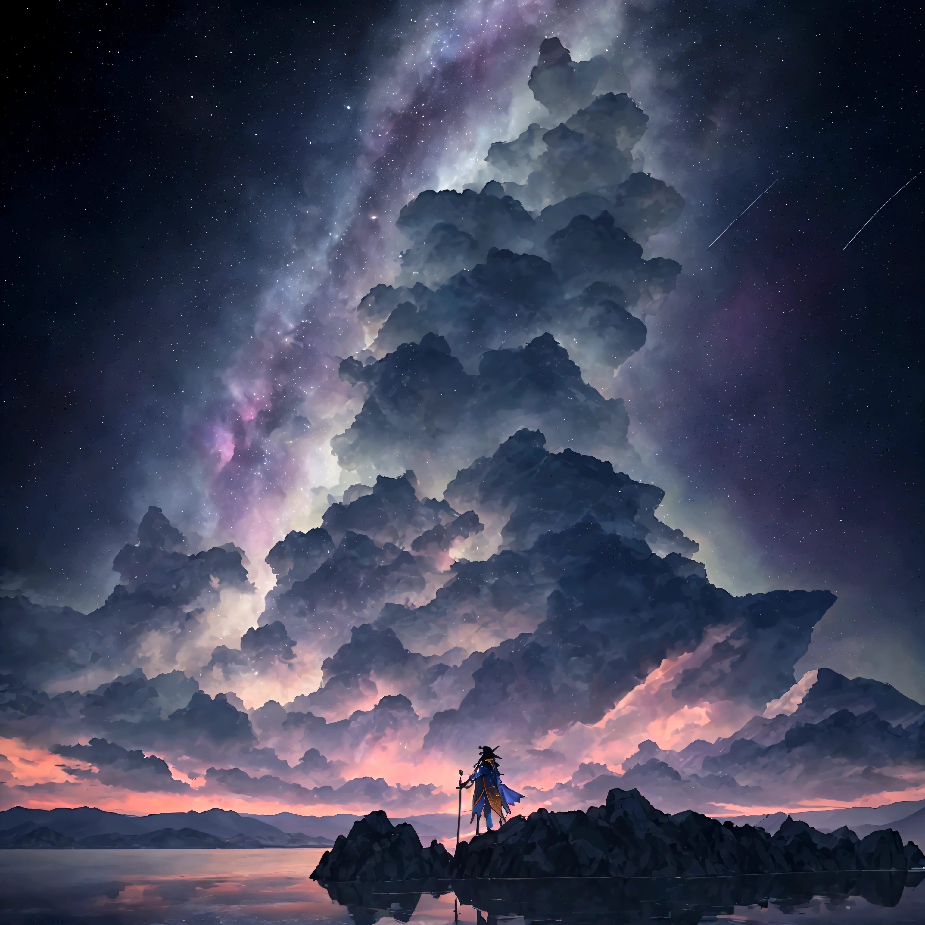 (8k, highest quality, masterpiece, final fantasy style: 1.2), (unRealistic, photoRealistic: 1.37), (one mage lady standing on lake side, huge bouncing bust, with sword with fire, Her sword shines into the heavens:1.1), Dreamy landscape, Fantasy, Unsurreal landscapes, Super detailed, Flying medieval castle, Floating Island in the Sky, Seven-colored swirl of light, (流星のMr.に空を舞う光り輝く尾の長い小鳥:1.3), Aurora, Intense lightning, milky way, Complex Light, Mr.々Colored light, Large Lake, Starry sky reflected on the lake surface, Countless shining stars, Meteors, Many meteors, Aura of, (A pillar of light emanated from the ground:1,2), 複雑な文Mr.の魔法陣,