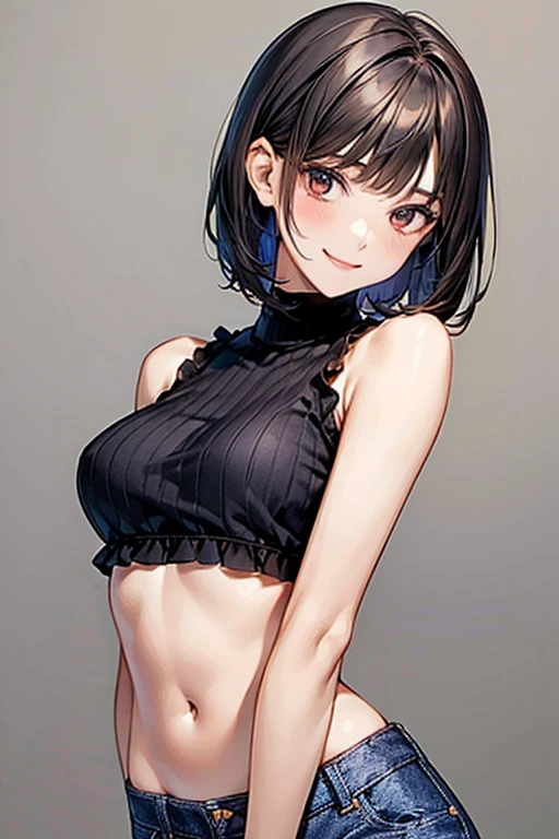 Black sleeveless knit、Frills、beautiful girl、jeans、brown Bob Cut、Accentuated breasts、Armpit、clavicle、slender、Dynamic pose、Slender body、Slender、Belly button、smile、student、young