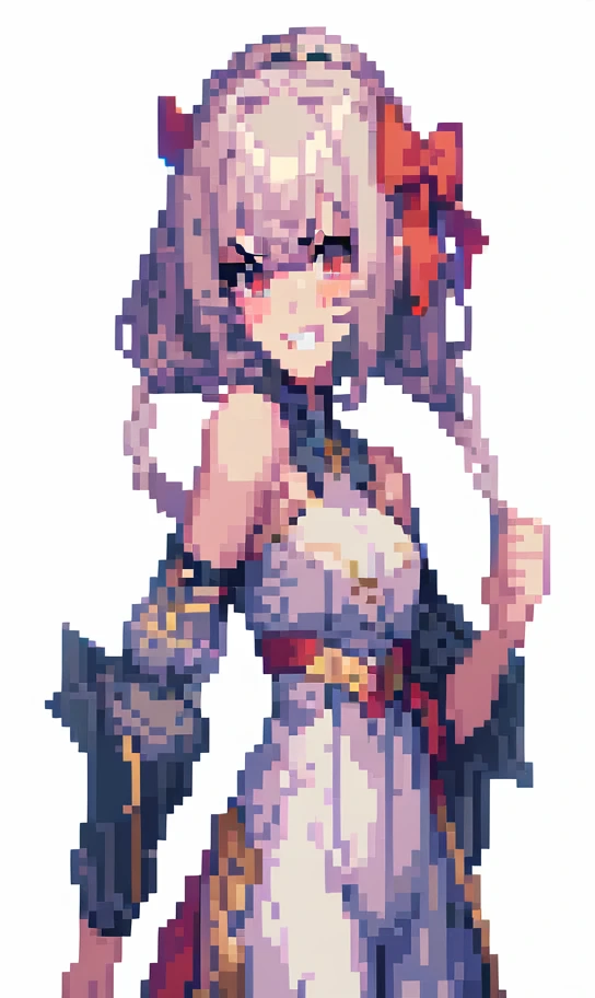 a girl,simple white background,pixel art,angry face
