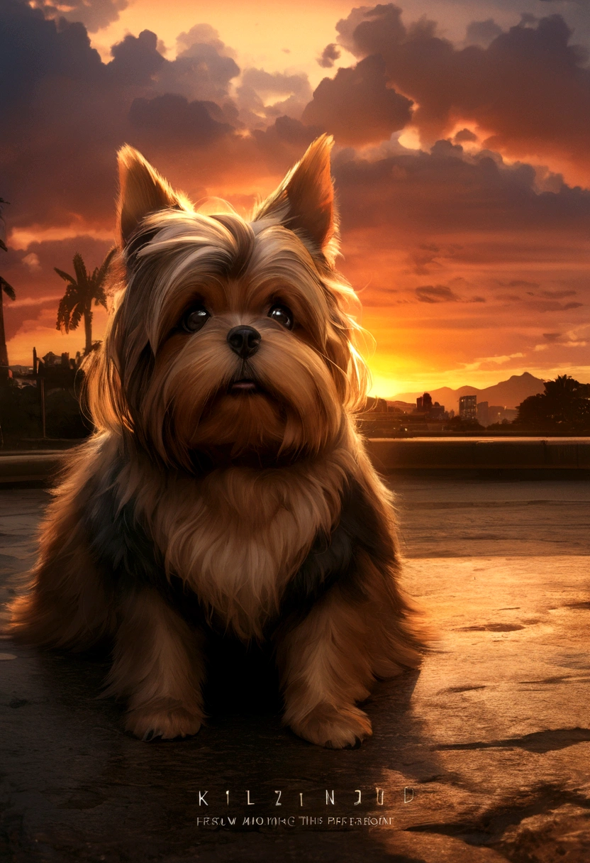 Yorkshire terrier, (1.3), 8k, Very realistic, tense, warm, Very detailed, sharp, Professional, 8K Ultra HD, movie, Outdoor, flow, dramatic, Vibrant, Tense atmosphere, reproduction, amazing, Sunset, High resolution, Album cover