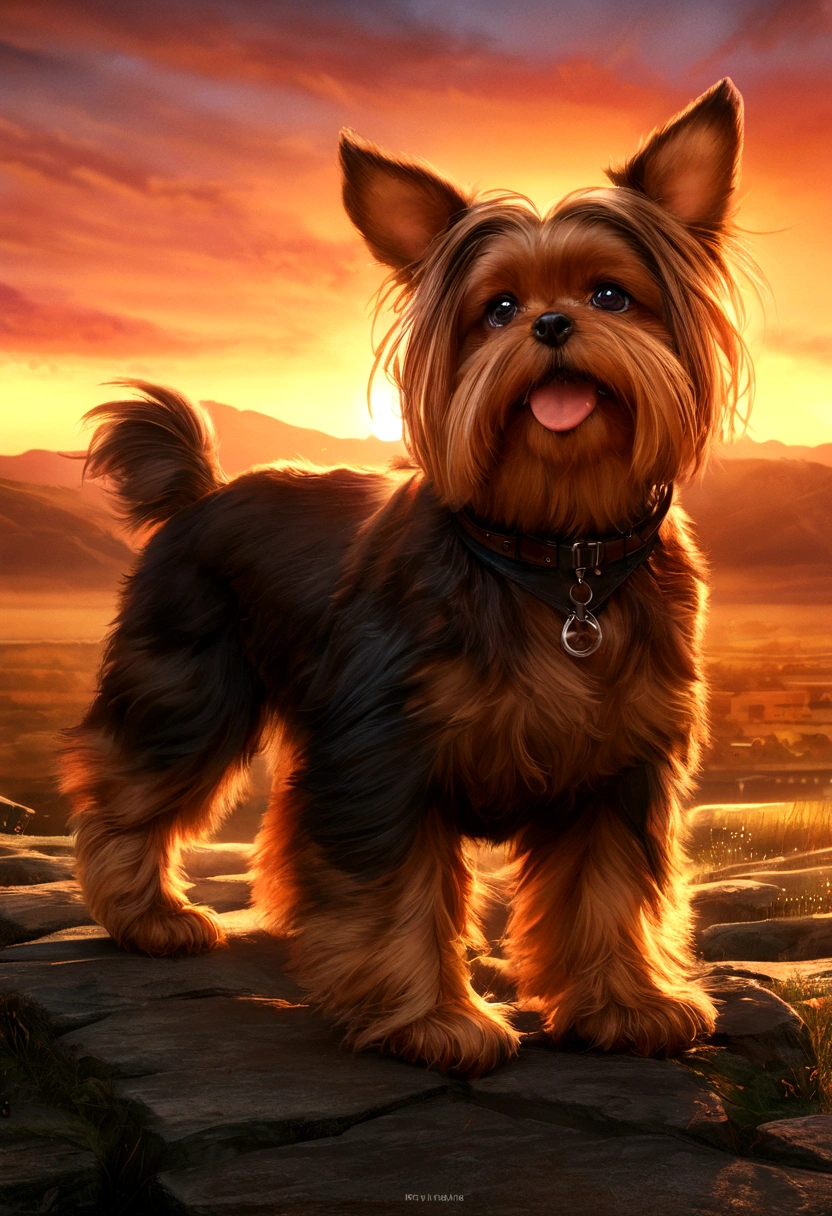 Yorkshire terrier, (1.3), 8k, Very realistic, tense, warm, Very detailed, sharp, Professional, 8K Ultra HD, movie, Outdoor, flow, dramatic, Vibrant, Tense atmosphere, reproduction, amazing, Sunset, High resolution, Album cover