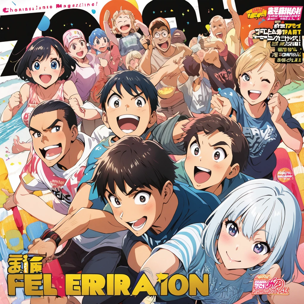 several characters, celebration, manga cover, shonen magazine, manga style, boys and girls