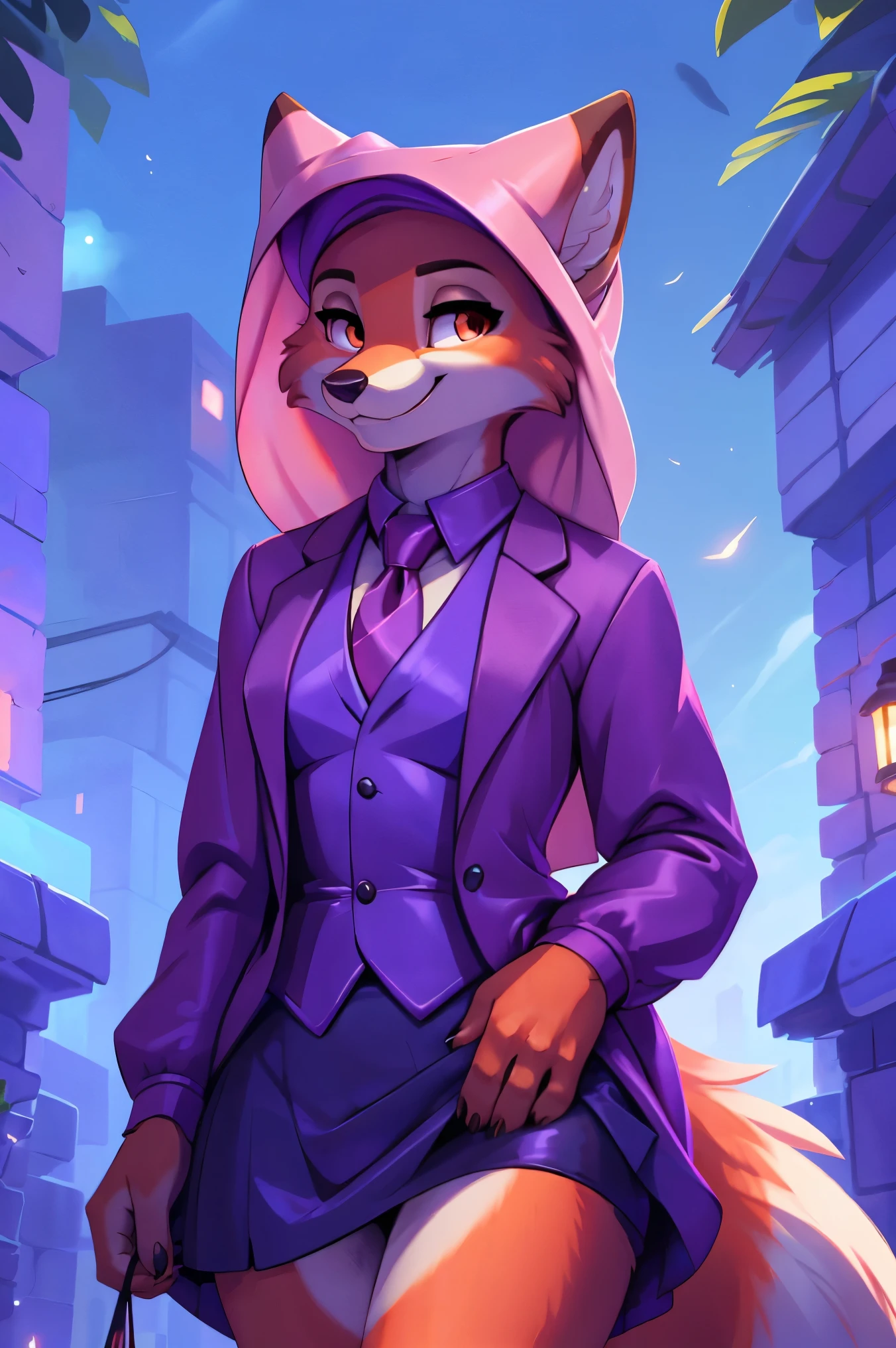 best quality, furry, anthro, animal nose,  maidmarian, smile, orange eyes, fox, waving, skirt suit, (((three-piece suit))), necktie, blazer, suit jacket, waistcoat, bodycon skirt, showing off, showing leg, ((((holding lapel)))), detailed hand, exterior, retrato con gran apertura, cool tones, fuerte impacto visual, espacio en blanco, contraste de luces y sombras, Super texture, resplandor del atardecer, Super clear image, imagen sencilla