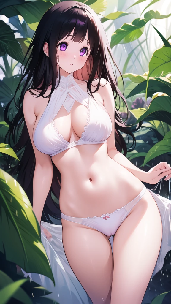 Beautiful Chitanda,只有一个beautiful girl,Purple Eyes, Black Hair, Natural straight hair, Straight bangs,Extremely refined,open your lips,Face is so red,Very white skin,Skin as delicate as porcelain,Glowing skin,big eyes,Flowing long hair,beautiful girl, Like a dream,Slim,Slim waist,Soft, (Sensual), (Kawaii), Dream quality,In the rainforest,Hands on chest,Sweaty and sweaty,Profile,Side breasts,Underwear Rain,Completely naked,Gluteal groove,Completely naked的背部,nacked hip,Bare belly,very close,Deep V neckline,Loose neckline,Beautiful big breasts,No pants,Delicate clavicle,Delicate hands and feet,Bare neck,There is no decoration on the neck,Bare thighs,Exposing the groin,Camel toe,extremely shy,Ultra-high resolution, (masterpiece:1.2, best quality), (Delicate and beautiful eyes: 1.2), (Beautiful and delicate face)