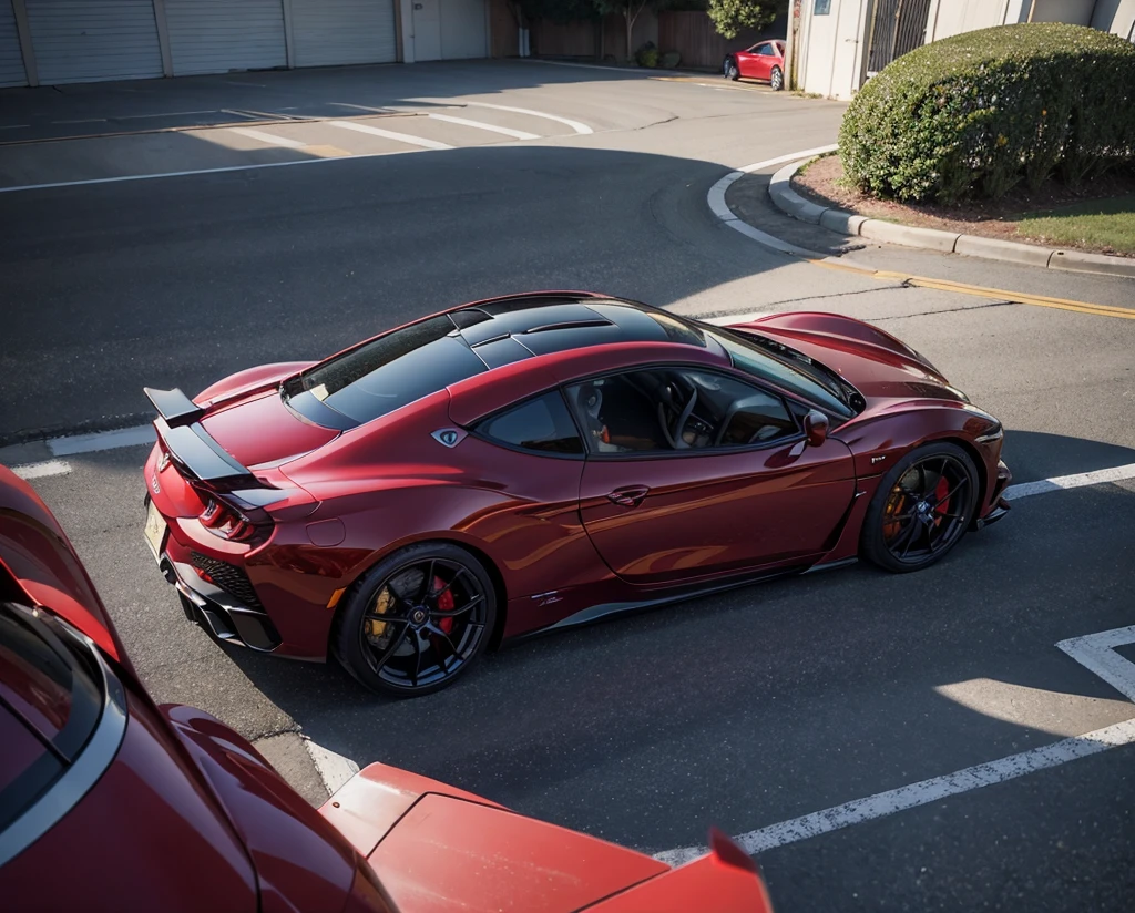 ((masterpiece)), (highest quality),, Official Art, Highly detailed CG Unity 32k wallpaper, Hyperreal Photography:1.44,Photographing the wine-red supercar designed by Pininfarina:1.44、Old garage、