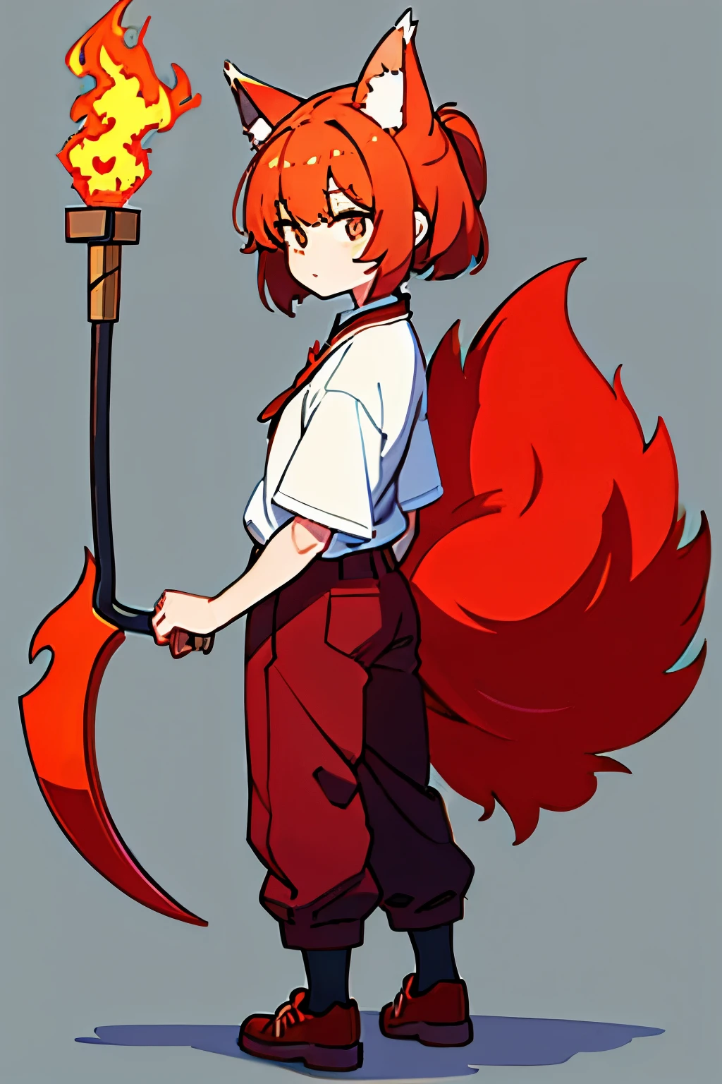 little Demi human girl she have cat like ear and wolf like tail in his back. Wearing a shirt  and holding fireBoomerang. wearing baggy pant . Red shoes 