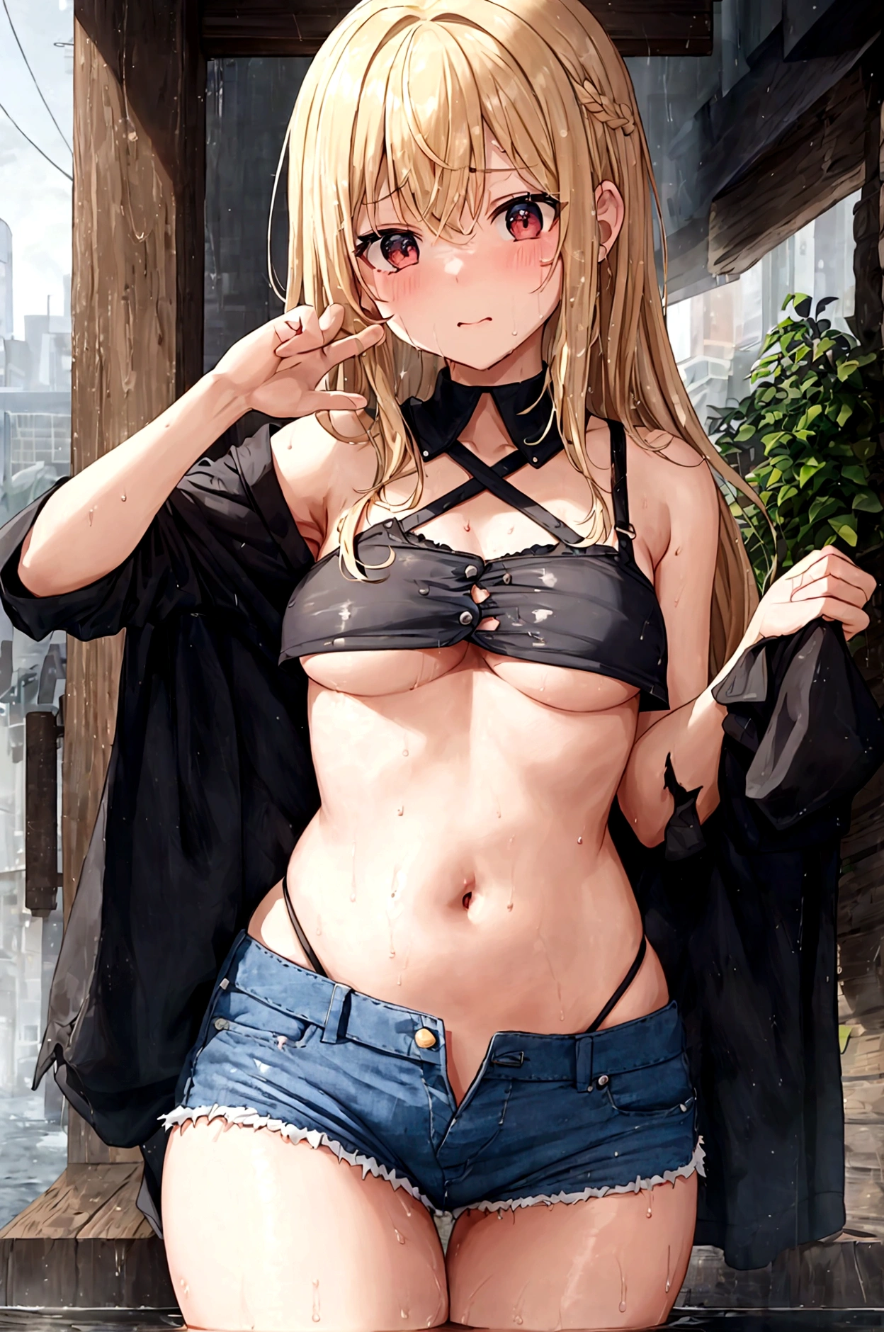 (woman)(child)(),(young),Baby Face,(masterpiece,highest quality),(Perfect Face),((stomach)),((Underboob)),(Blonde,long hair),Tattered clothes,Torn clothes,Yoreyore shirt,Shirt with torn sleeves,Damaged Mini Skirt,Tattered Skirt,Flat Chest,(belly button),belly button出し,stomach,arm,(Mini Camisole),Micro length(Denim shorts),(Open button),(barefoot),blush,Embarrassed,Hide with hand,(Waterlogged),(Guerrilla rainstorm),(Soaking wet),((Wet Skin,Wet Hair,Wet clothes)),(With a soaked city as a backdrop)