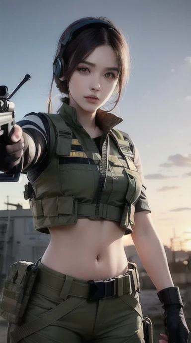 a woman in a white outfit holding a rifle and wearing headphones, 24-year-old woman, Filipino woman, tan bronze skin, soldier girl, mechanized soldier girl, military girl, beautiful female soldier, female lead character, infantry girl, of a sniper girl in war, solo female character, future combat gear, close up half body shot, Women in crop top military bulletproof vest, ((showing navel)), exposed abdomen area, quiet from metal gear solid v, wearing tactical gear, dressed in tactical armor, (((aiming rifle)))