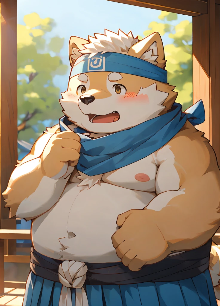 (masterpiece),(Very detailed),(best quality),hairy,Shiba Inu,fur,white hair,Gray pupil,Chubby,(Shota),(Japan samurai attire),((blue scarf)),((Brown headband)),(blush:1.1),((shy)),紧张shy的表情,Temple Background,8K,(high quality),(Ultra high quality),(Super detailed),(Best Works)