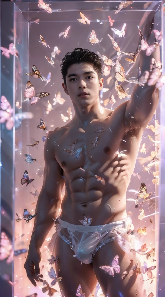 (8K, RAW photos, Highest quality) masterpiece, 1 boy, 18 years old, spoiled pose, Asian muscular man Look at the audience, standing, showing his big muscular breasts, puffy nipples, sexy six pack, narrow waist, Handsome, Topless, Thick body hair, man wearing blue g-string underwear, butterflies on his body, butterflies flying in the air, gradient background, Glitter & Sequin Background, cinematic lighting, UHD
