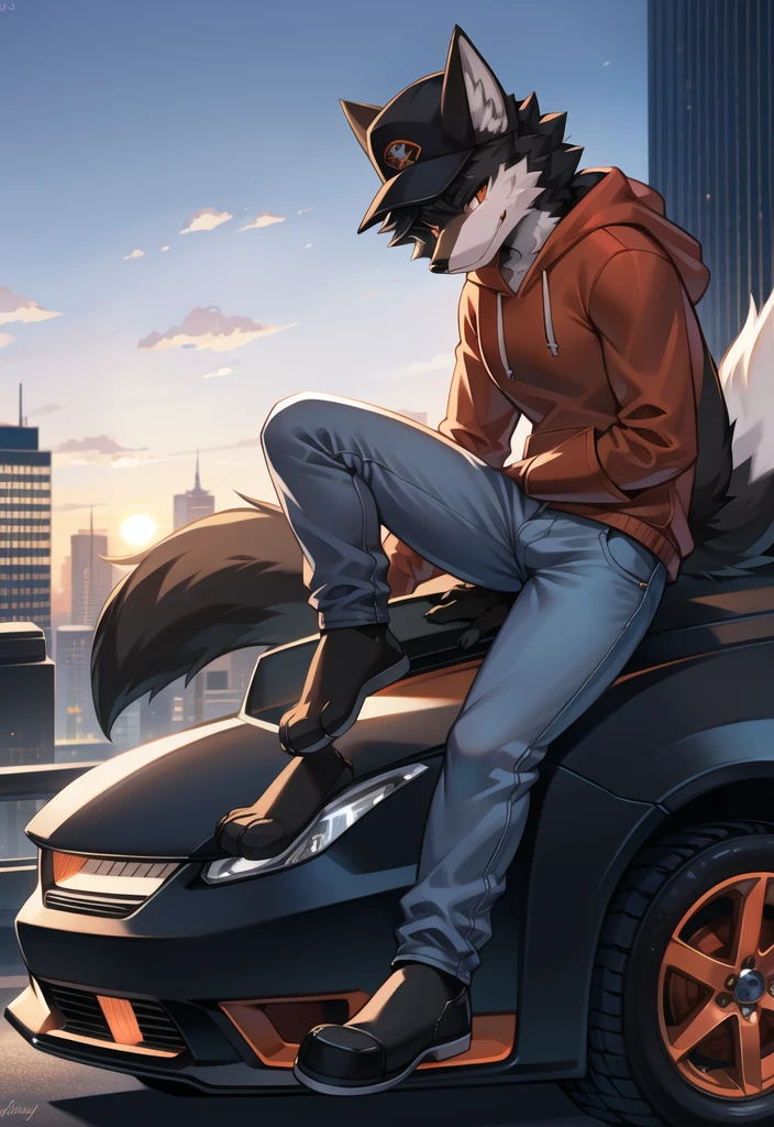 (Fox, furry, anthropomorphic), Male, siting on car hood, city background, outside, wearing jeans wearing red hoodie, Furry art, Fur on arms, big Floofy tail, fur on legs, (Black Fur covering whole body, Best quality, human like body figure), looking at sunset, wearing white hat
