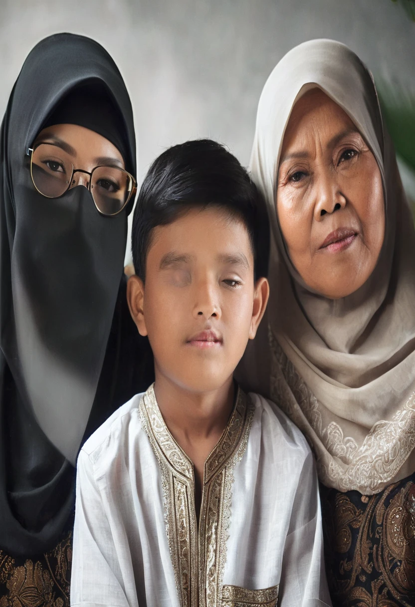 there are two people that are posing for a picture together, an indonesian family portrait, inspired by Abdur Rahman Chughtai, close up potrait, family, mourning family, barong family, potrait, highly detailed photo portrait, realistic portrait photo, husband wife and son, family portrait, asian human, uhd realistic faces, barong family member