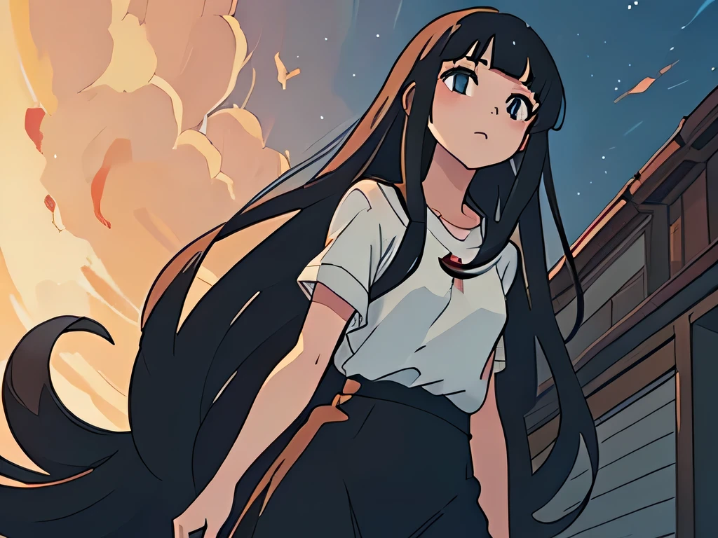 perfect anime illustration, view from below, girl having long black hair with bangs, looking down on her right,sideways standing tall